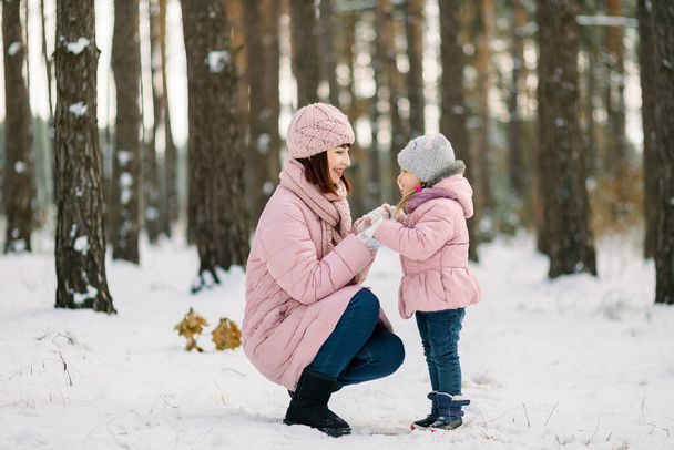 Mom with her cute little daughter during winter walk in snowy forest. Mom and child in pink jackets looking each other with love and tenderness. - Photo, image