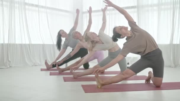 Clase de yoga. Cuatro mujeres haciendo yoga asanas en brillante estudio. Ashtanga Yoga. Un cuerpo relajante. Concepto Salud, Meditación y Bienestar. - Metraje, vídeo