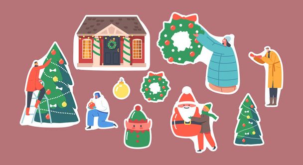 Set di adesivi Happy Family Decorare casa per Natale. Genitori e bambini appendono ghirlanda festiva sulla porta di casa - Vettoriali, immagini