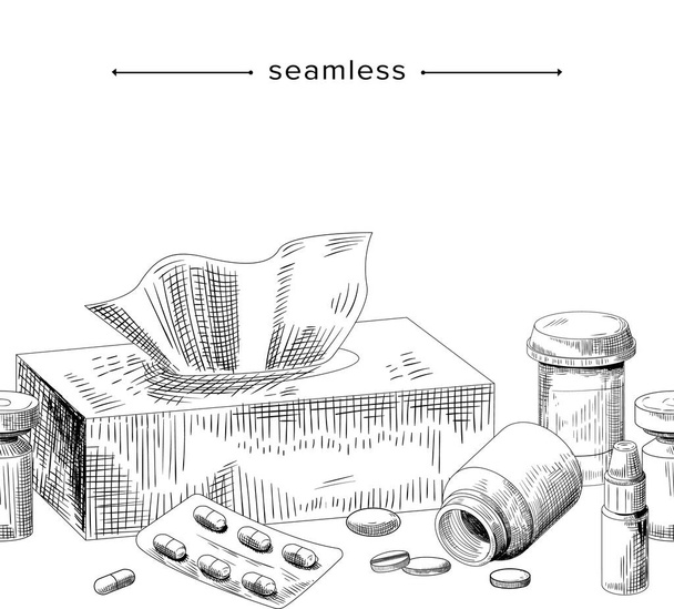 Medicações Doodle padrão sem costura com comprimidos, comprimidos e medicamentos em garrafas, toalhetes em caixa e quadro de pulverização do nariz - Vetor, Imagem