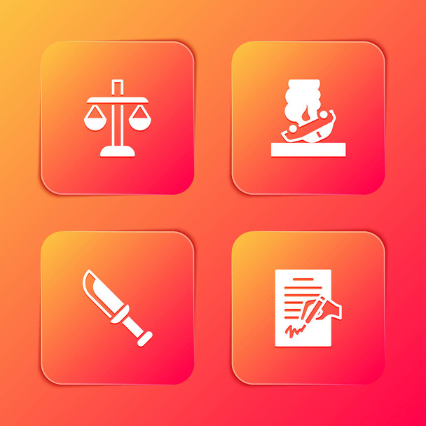 Set Scales of justice, Burning car, Military knife and Petition icon. Vector - Vector, Image