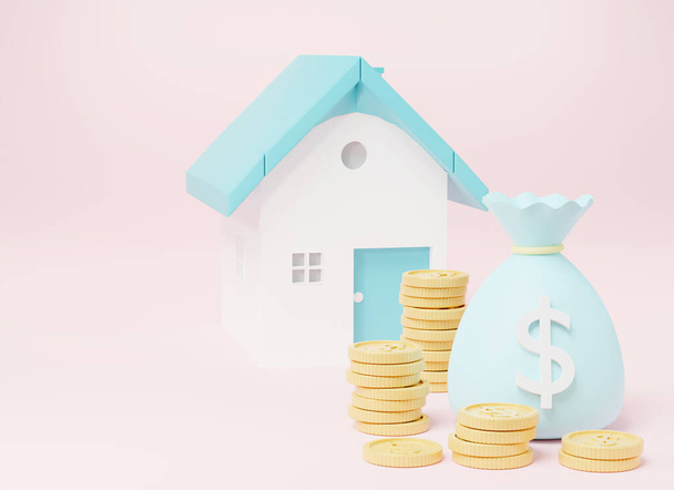 House, coins and money bags on pink background, Property Investment real estate business concept, home purchase and fund, minimal cartoon 3D rendering illustration - 写真・画像