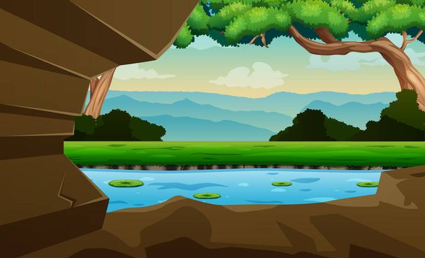 Background scene with cave entrance and river view - Vector, Image