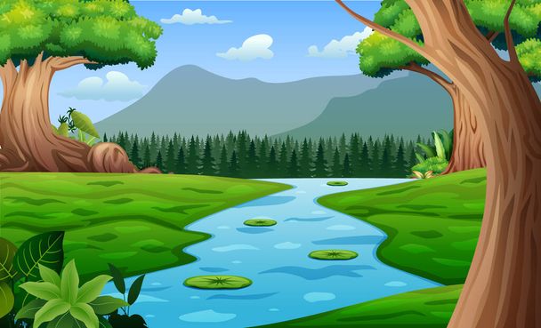 Природный лесной ландшафт с рекой, протекающей через луг иллюстрации - Вектор,изображение