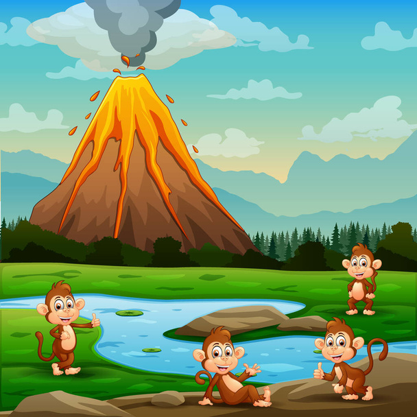 Cute cartoon of monkeys relaxing by the river with volcano erupt - Vector, Image