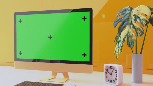 Yellow computer monitor on white desk with clock and trees in the yellow office. Monitor Mock-up Yellow color. technology  idea concept. Animation, 3D Render. - Кадры, видео
