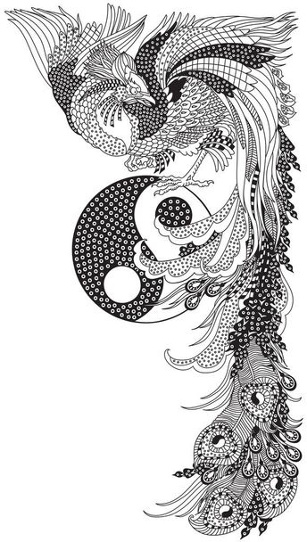 Chinese phoenix or Feng Huang Fenghuang mythological bird and Yin Yang symbol. One of celestial feng shui animals. Graphic style vector illustration. Black and white - Vettoriali, immagini