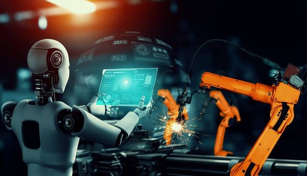 Robô da indústria mecanizada e braços robóticos para montagem na produção de fábrica . - Foto, Imagem