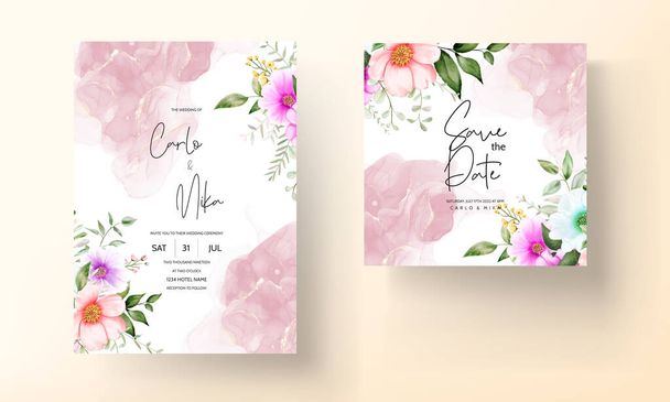 Όμορφη floral frame γαμήλια πρόσκληση κάρτα με ακουαρέλα λουλούδι και φύλλα - Διάνυσμα, εικόνα