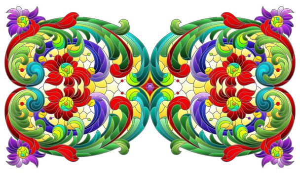 Иллюстрация в стиле витража с абстрактным цветочным элементом, композиция выделена на белом фоне - Вектор,изображение