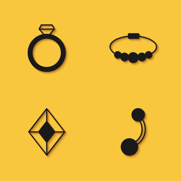 Conjunto de anillo de compromiso de diamantes, Piercing, piedras preciosas y pulsera icono de la joyería con sombra larga. Vector - Vector, Imagen