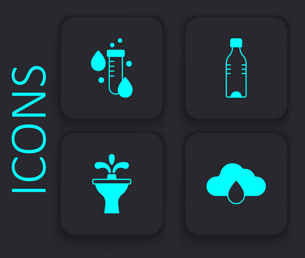 Set Cloud with rain, Test tube water drop, Bottle of and Fountain icon. Black square button. Vector - Vector, Image