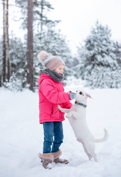 Malá holčička v jasném saku hraje v zimě zasněžený les se svým psem jack Russell teriér - Fotografie, Obrázek
