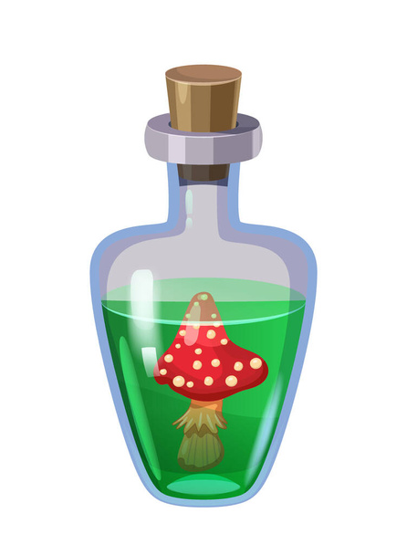 Magiczna mikstura butelki z grzybami. Atut ikony gry, szkło, płynny eliksir, trucizna, piersiówka, Wektor ilustracja kreskówka do gry, app UI - Wektor, obraz