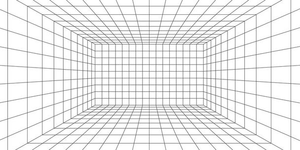3D-Drahtgitterraum. 3D perspektivisches Lasergitter. Cyberspace weißer Hintergrund mit schwarzem Netz. Futuristischer digitaler Flurraum in virtueller Realität. Vektorillustration - Vektor, Bild