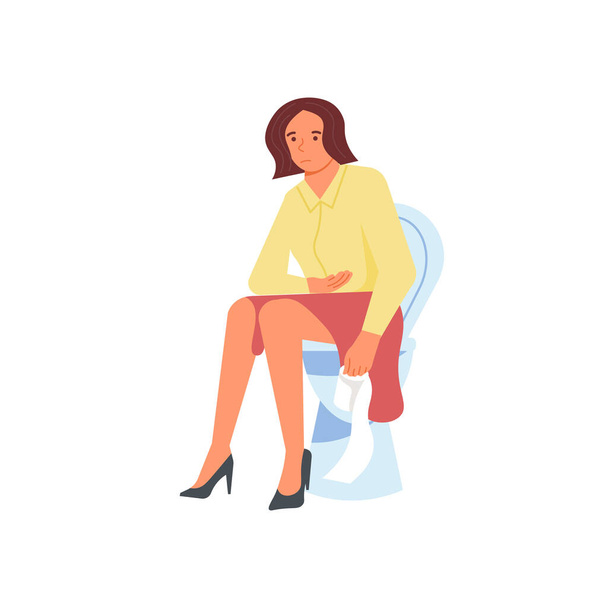 Kranke Frau mit Durchfall sitzt auf der Toilette. Charakter mit Bauchschmerzen - Vektor, Bild