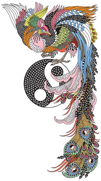 Fénix chinesa ou Feng Huang Fenghuang pássaro mitológico e símbolo Yin Yang. Um dos animais celestes feng shui. Ilustração vetorial de estilo gráfico - Vetor, Imagem