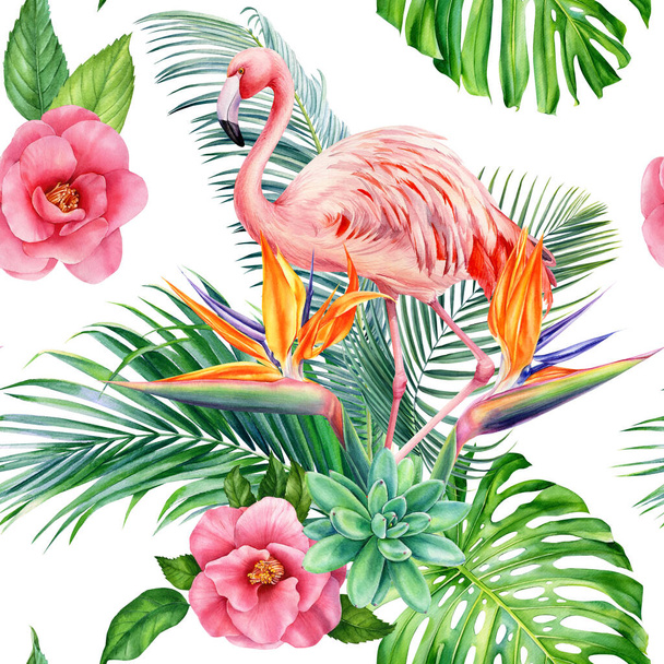 Trooppisia kukkia, lehtiä ja flamingoja. Eksoottinen kasvisto, akvarelli kuvitus saumaton kuvio, digitaalinen paperi - Valokuva, kuva