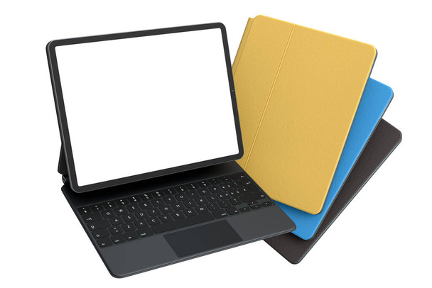 Set of computer tablets with keyboard and blank screen isolated on white background. 3D rendering concept of creative designer equipment and compact workspace - Fotoğraf, Görsel