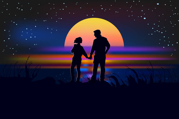 Romantic silhouette of loving couple at sunset. Valentines Day. Happy Lovers. Beautiful view sea at sunrise. Couple walking together holding hands under sunset and starry sky. Stock vector illustration - Vector, Image