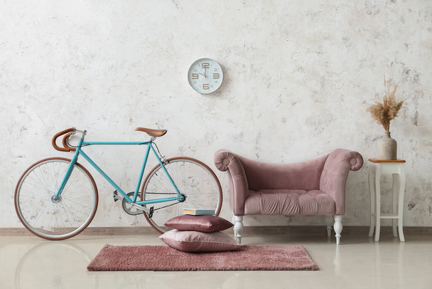 Interior de la sala de estar con luz sofá rosa y bicicleta - Foto, Imagen