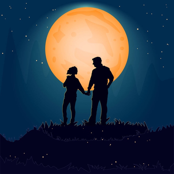 Silhouette couple man and woman holding hand together on hill under moonlight. Valentines Day. Happy Lovers. Romantic silhouette of loving couple in Valentines night. Man and woman in night scene. Stock vector illustration - Vector, Image