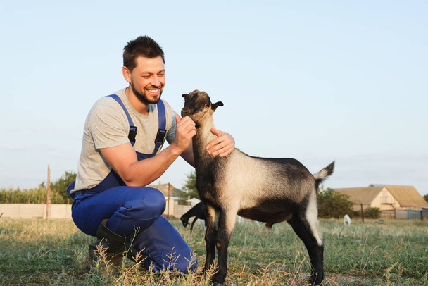 Man feeding goat at farm. Animal husbandry - Foto, Imagen