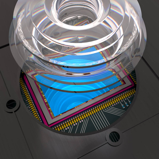 Digital camera sensor on printed circuit board with optic elements, crop close-up, 3D rendering - Photo, Image