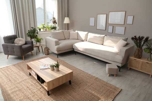 Beautiful living room interior with comfortable sofa - Foto, Imagen