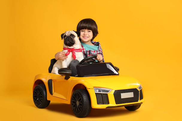 Little boy with his dog in toy car on yellow background - Φωτογραφία, εικόνα