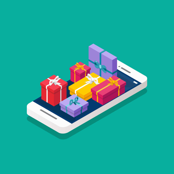 Pile of gift boxes on the smartphone screen isometric. Vector illustration - Вектор, зображення
