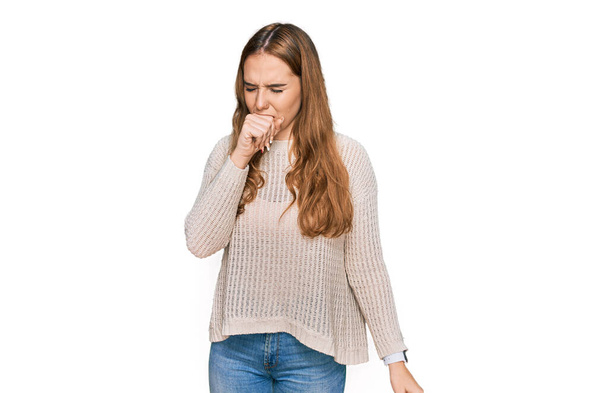 Young blonde woman wearing casual clothes feeling unwell and coughing as symptom for cold or bronchitis. health care concept.  - Photo, Image