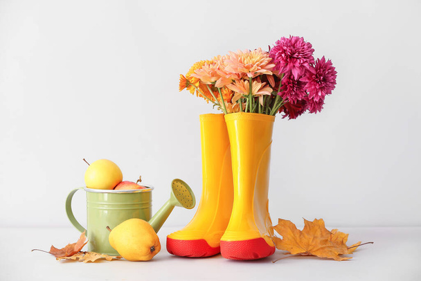 Rubber boots, flowers, watering can and flowers on white background - Photo, Image
