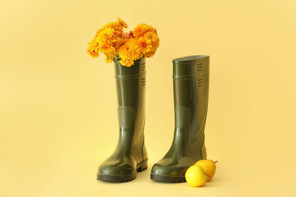 Rubber boots, flowers and fruits on color background - Photo, Image