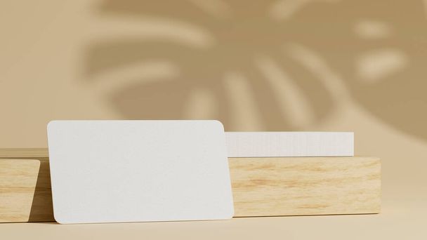 Carte de membre, carte cadeau, carte de nom d'entreprise s'appuient sur le podium en bois avec des ombres à feuilles sur fond beige naturel. rendu 3d, illustration 3d - Photo, image