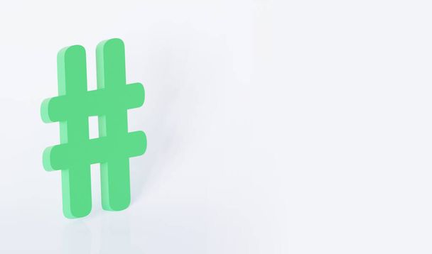 Símbolo de hashtag verde sobre fondo blanco, representación 3d. - Foto, imagen