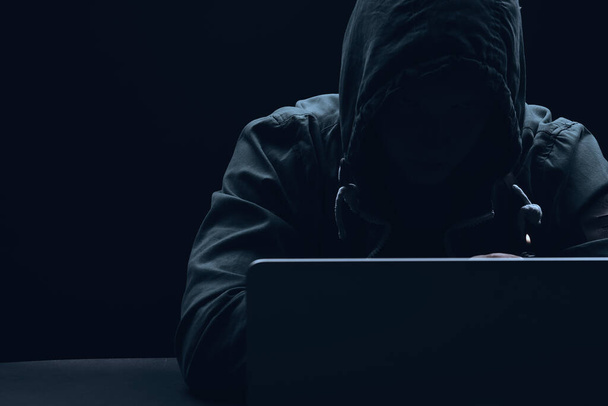 hacker computer work then internet computer dark background - Foto, afbeelding