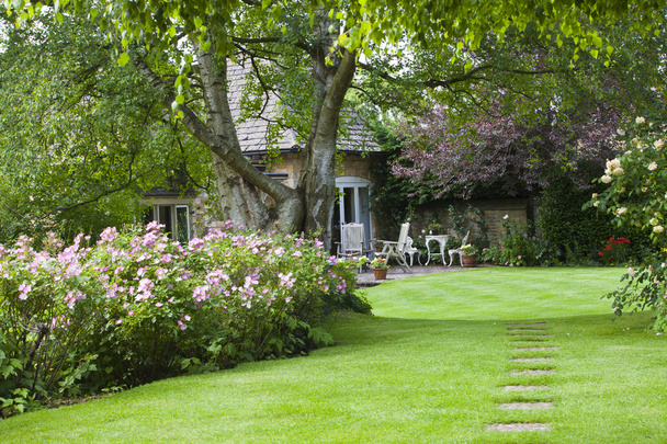 Літній котеджний сад з маленьким патіо
 - Фото, зображення