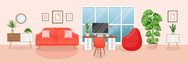 Дизайн уютной комнаты для работы из дома. Офис с компьютером, рабочая комната, шкаф. Современный интерьер гостиной с мебелью и домашними растениями. Векторная плоская иллюстрация - Вектор,изображение
