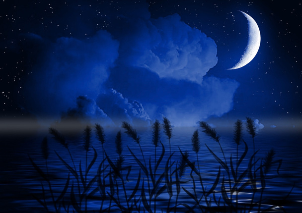 Половина луны в темно-синем небе
 - Фото, изображение