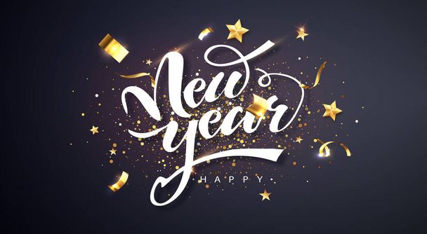 Happy new year. New Year Banner with holyday decorative elements on dark background - Vector, Imagen