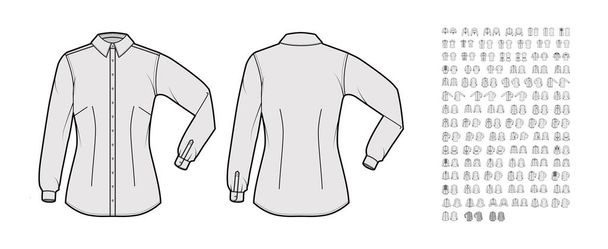 Zestaw koszul Ilustracja moda techniczna z długimi krótkimi rękawami łokciowymi z mankietem, kieszeniami, dopasowane ciało relaksu - Wektor, obraz