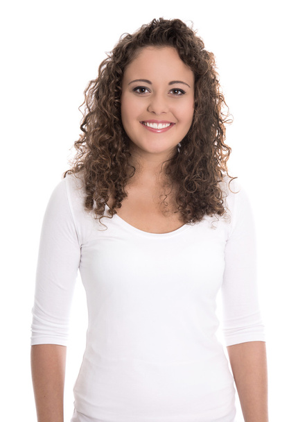 Isolated portrait: smiling young woman or girl in white with cur - Foto, Imagem