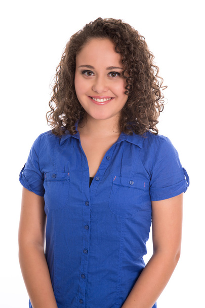 Pretty isolated girl in blue blouse and natural curls. - Foto, afbeelding