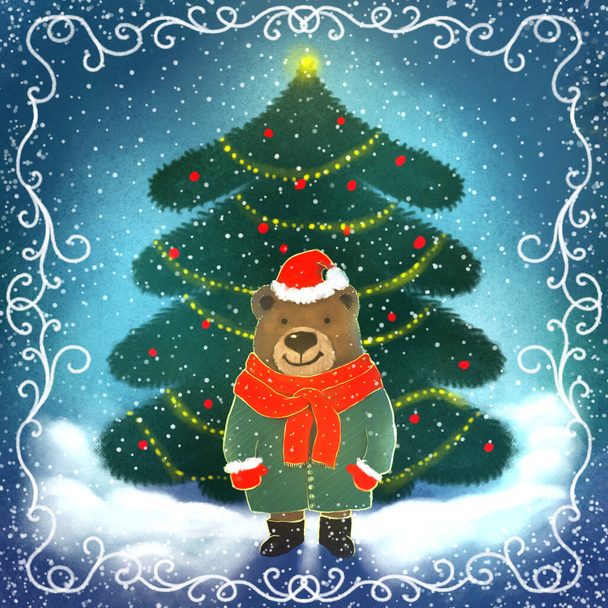 carino disegnato inverno innevato biglietto di Natale. orso su sfondo albero di Natale - Foto, immagini