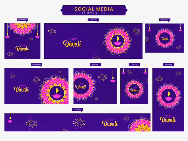 Diwali Festival Social Media Template And Header Set In Violet And Pink Color. - Vektor, obrázek