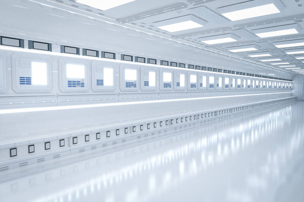 3d renderizado interior blanco y limpio fábrica futurista vacía con cinta transportadora - Foto, imagen