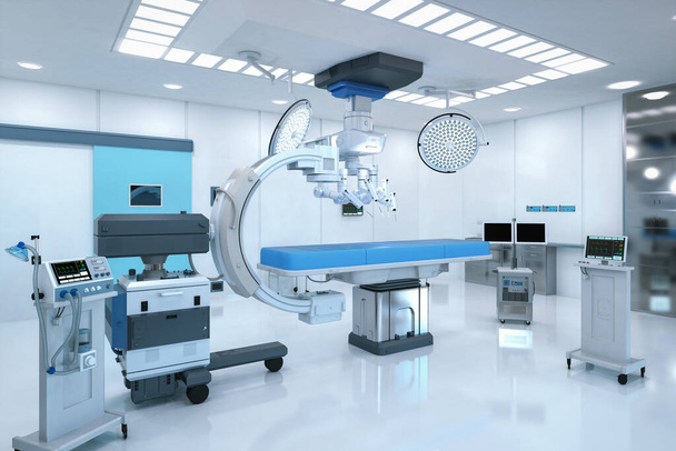 sala de cirugía del hospital de la representación 3d con la máquina del C-brazo y robot de la cirugía  - Foto, imagen
