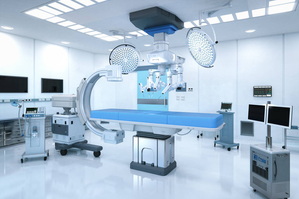 3d sala de cirurgia hospitalar renderização com C-braço máquina e cirurgia robô  - Foto, Imagem