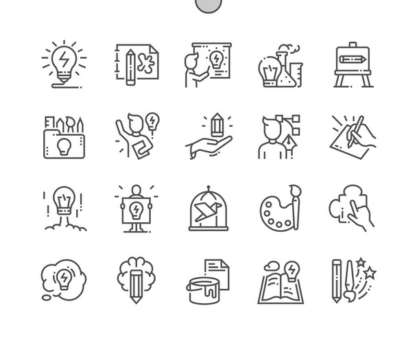 Creativity. Idea presentation. Sketch, project and inspiration. Creativity person. Imagination. Pixel Perfect Vector Thin Line Icons. Simple Minimal Pictogram - Vector, Image